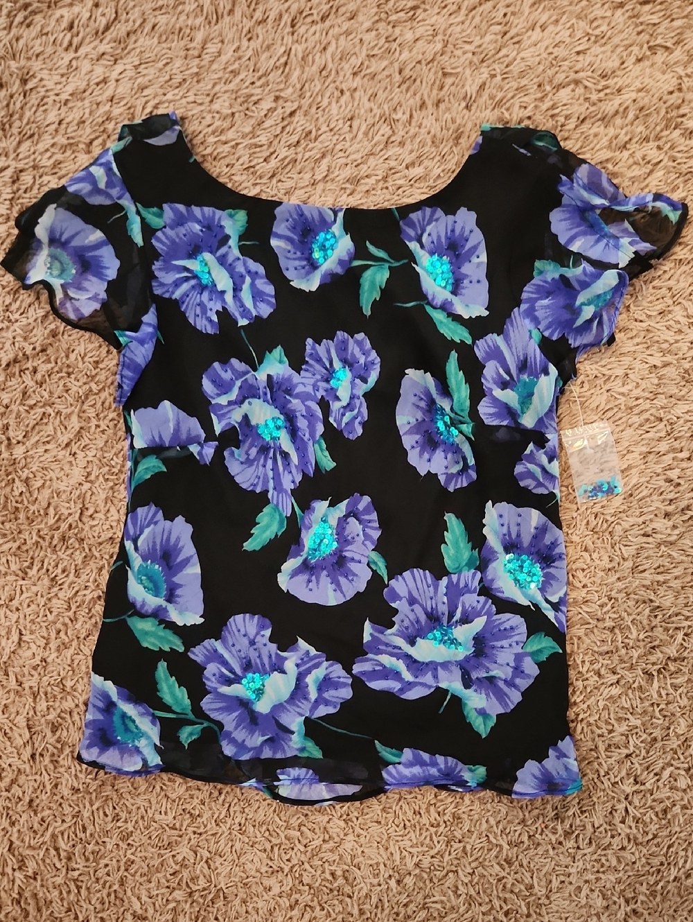 Vintage ROBBIE BEE Petite Sequin Floral Blouse Lined 100% Silk Size 6P